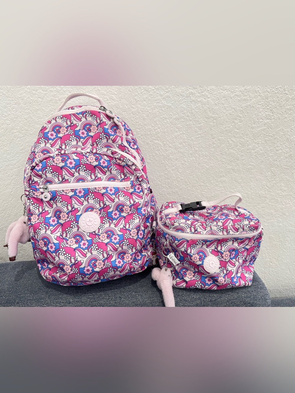 Kipling Pink Unicorn & Rainbow Kids Backpack with Matching Lunch Bag